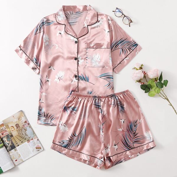 

Plus Satin Crane Print Button Front PJ Set, Baby pink