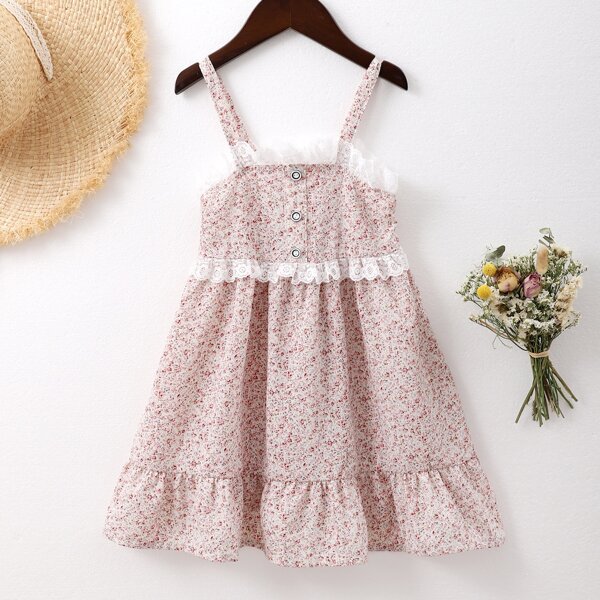 

Toddler Girls Ditsy Floral Contrast Lace Ruffle Hem Cami Dress, Multicolor