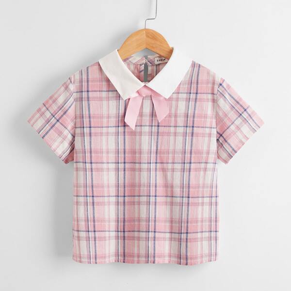 

Girls Contrast Collar Plaid Top, Multicolor