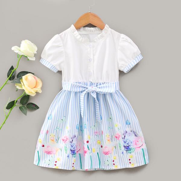 

Toddler Girls Striped And Floral Print Half Button Belted Dress, Blue and white