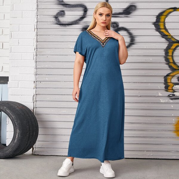 

Plus Contrast Tape Trim Dress, Dusty blue
