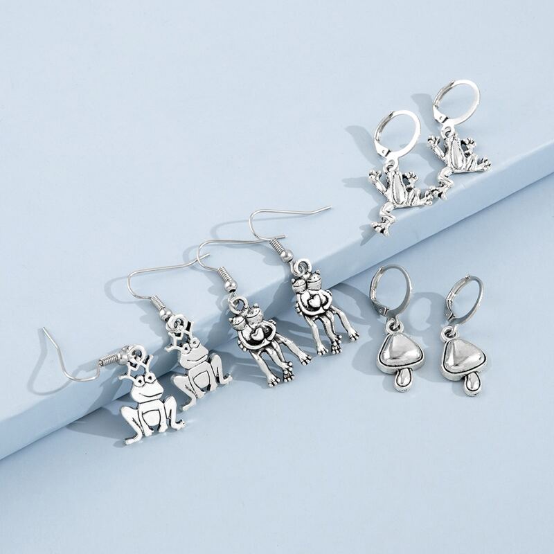 

4pairs Frog & Mushroom Drop Earrings, Silver