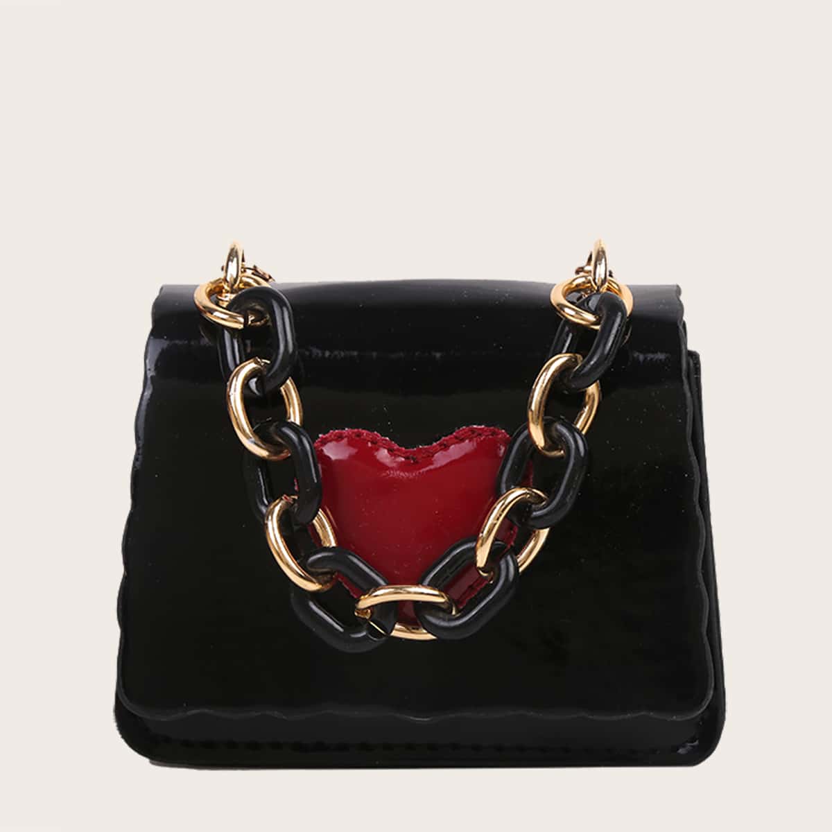 

Heart Mini Chain Satchel Bag, Black