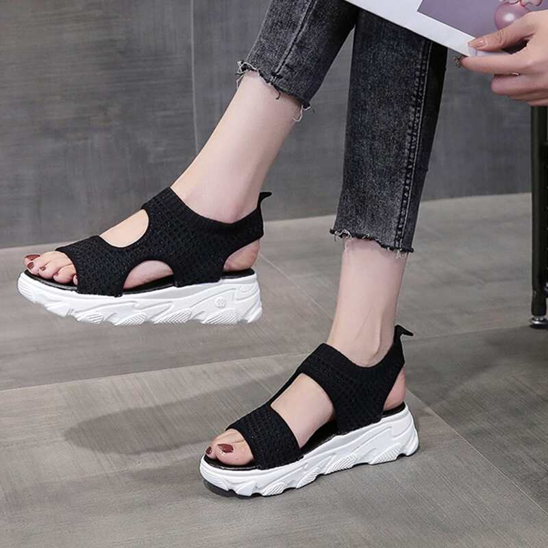 

Knit Strap Flatform Sport Sandals, Black