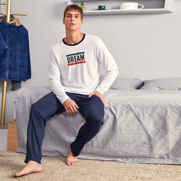 

Men Letter Graphic PJ Set, Blue and white
