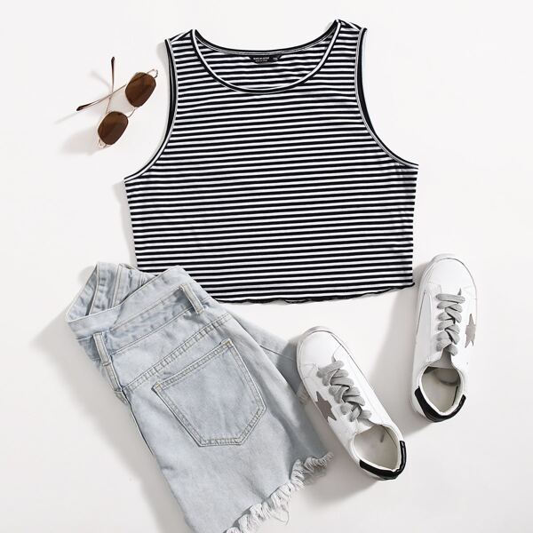 

Plus Striped Print Tank Tops, Black and white