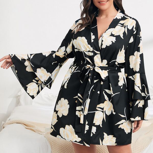 

Plus Floral Print Belted Robe, Multicolor