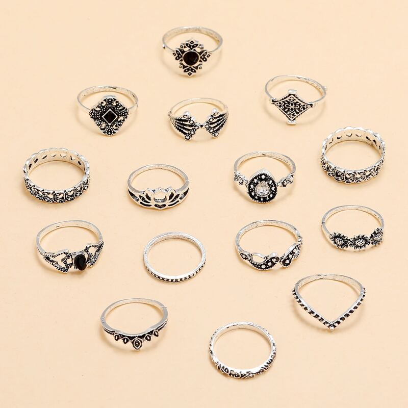 

15pcs Gemstone Decor Ring, Black