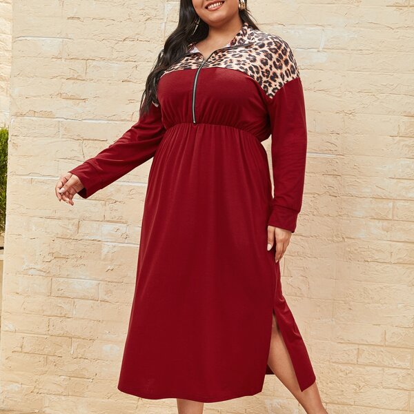 

Plus Contrast Leopard Zipper A-line Dress, Red