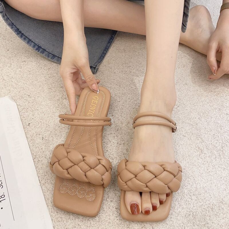 Braided Strap Slide Sandals, Apricot