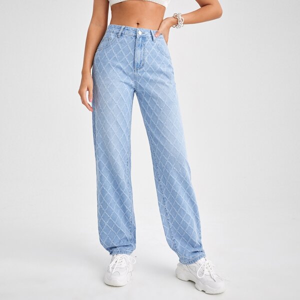 

Fishnet Pattern Straight Jeans, Light wash
