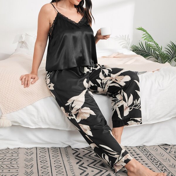 

Plus Satin Cami Top & Floral Pants PJ Set, Black