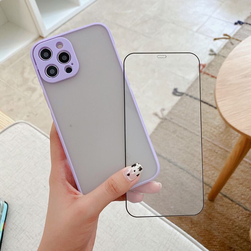 

1pc Contrast Frame Phone Case & 1pc Screen Tempered Film, Purple