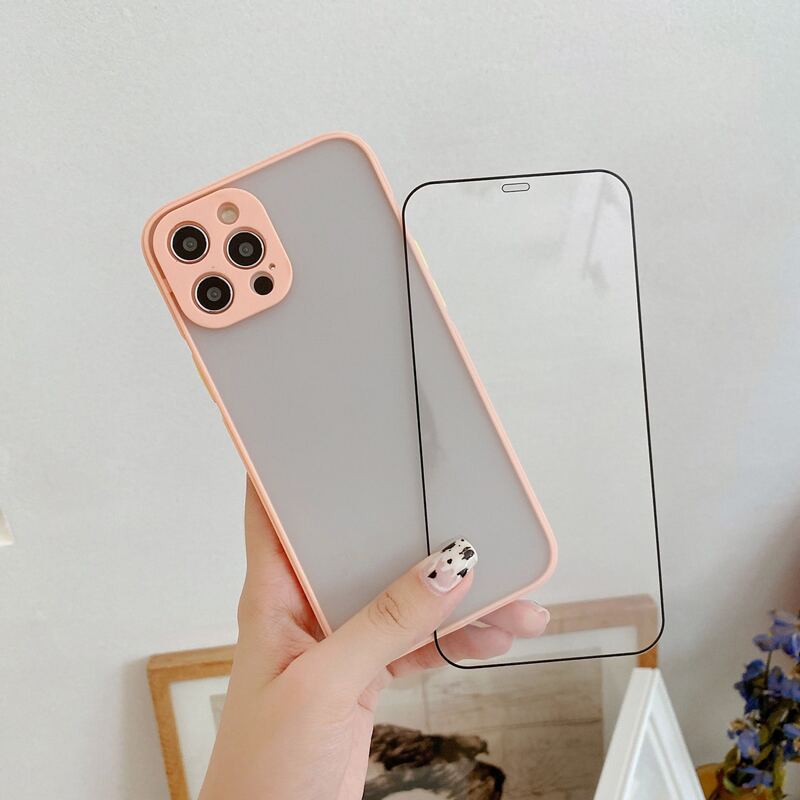 

1pc Contrast Frame Phone Case & 1pc Screen Tempered Film, Pink