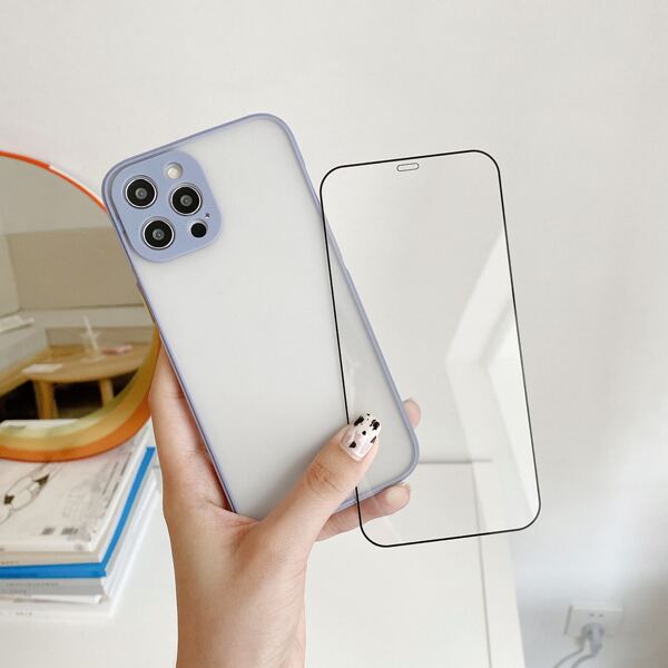 

1pc Contrast Frame Phone Case & 1pc Screen Tempered Film, Grey