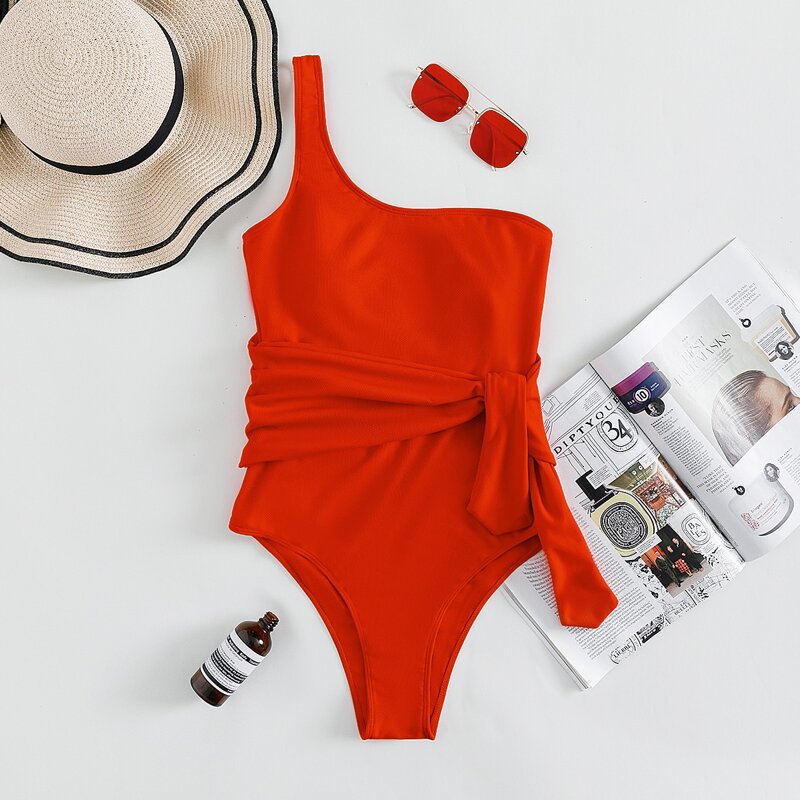 

Knot One Shoulder One Piece Swimsuit, Burnt orange