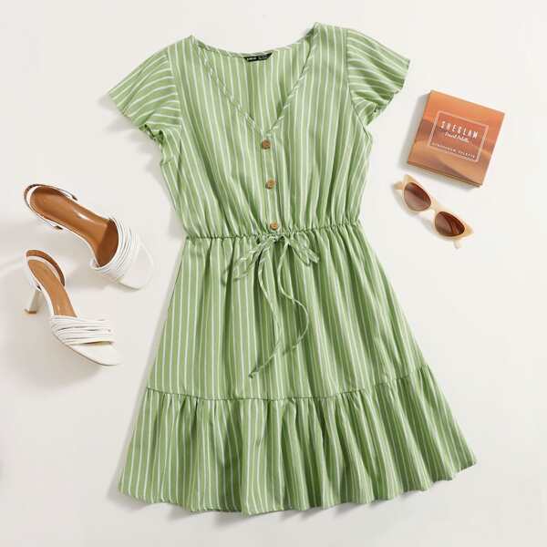 

V-neck Butterfly Sleeve Knot Waist Striped Dress, Lime green