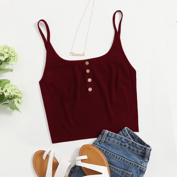 

Plus Rib-Knit Button Half Cami Top, Burgundy