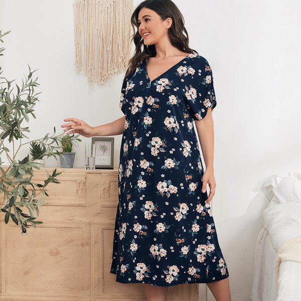 

Plus Allover Floral Night Dress, Navy blue