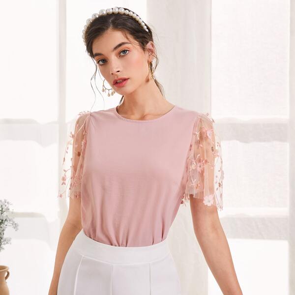 

Floral Embroidery Mesh Panel Blouse, Dusty pink