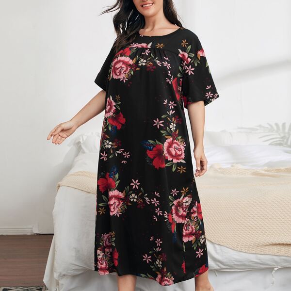 

Plus Floral Print Night Dress, Black