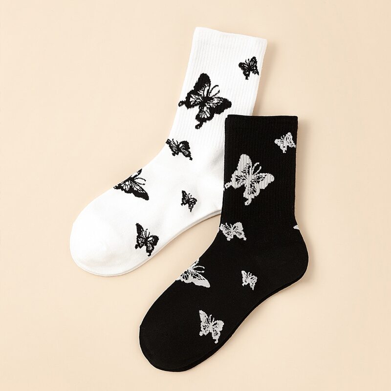 

2pairs Butterfly Pattern Socks, Black and white