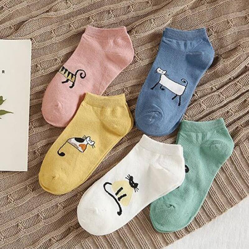 

5pairs Cartoon Cat Ankle Socks, Multicolor