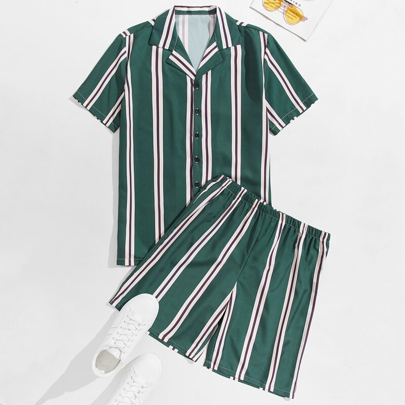 

Guys Striped Button Up Top & Shorts, Green