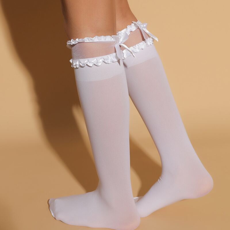 Bow Decor Over The Calf Socks, White