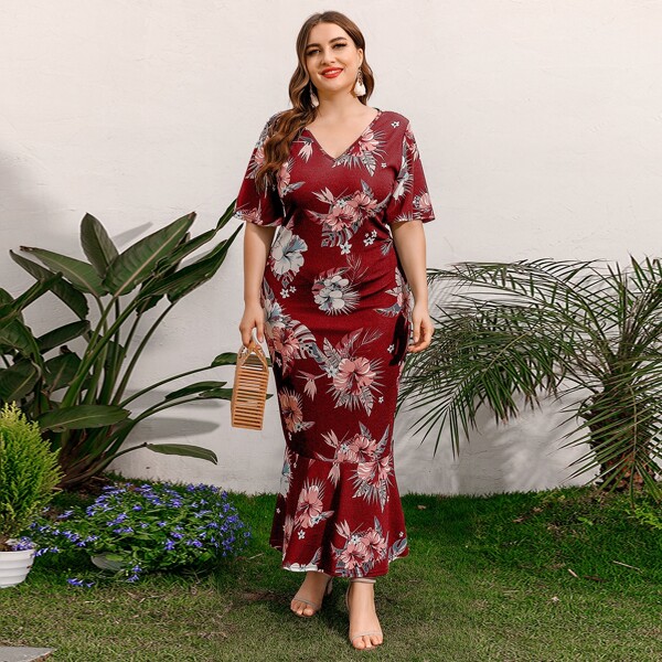 

Plus Floral Print V Neck Fitted Dress, Multicolor