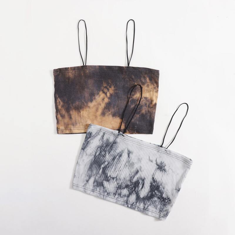 

2pcs Tie Dye Ribbed Crop Cami, Multicolor