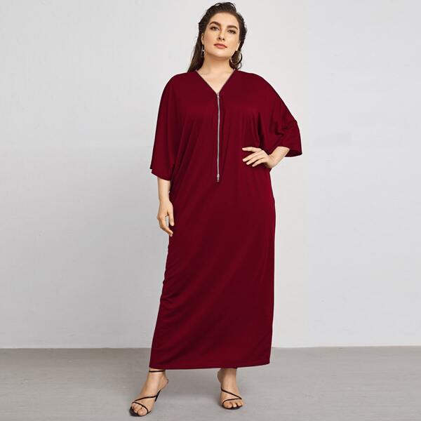 

Plus Half Zipper Batwing Sleeve Tee Dress, Burgundy