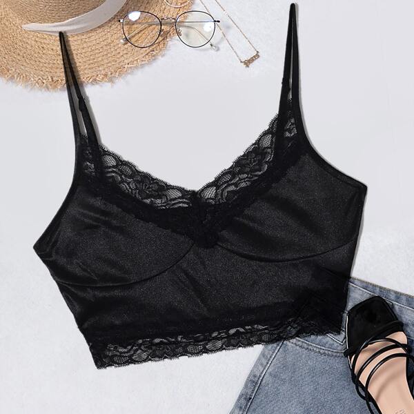 

Plus Lace Trim Cami Crop Top, Black