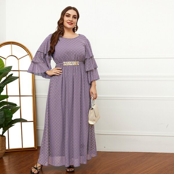 

Plus Plaid Layered Sleeve Belted Dress, Mauve purple
