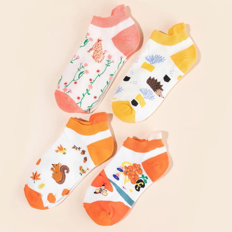 

4pairs Cartoon Animal Ankle Socks, Multicolor