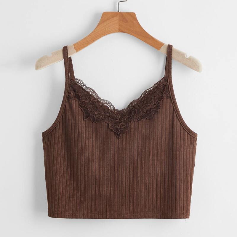

Contrast Lace Ribbed Crop Cami, Chocolate brown