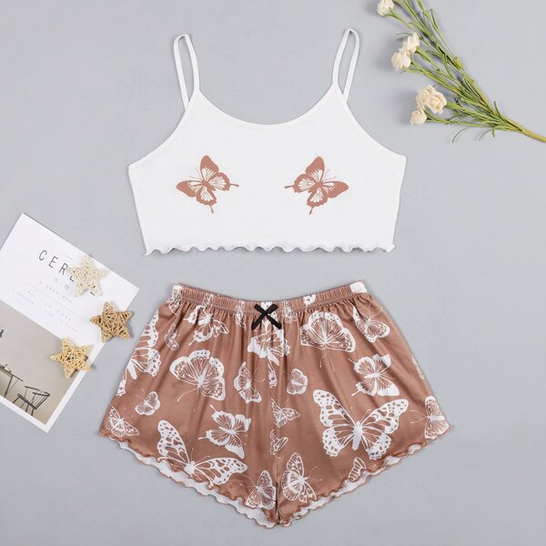 

Butterfly Print Lettuce Trim Cami PJ Set, Multicolor