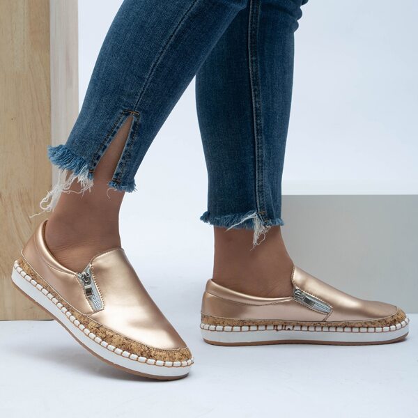 

Metallic Zipper Decor Slip On Sneakers, Gold