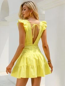 Double Crazy Plunge Neck Lace Trim Tie Back Ruffle Hem Dress - Yellow - View 2