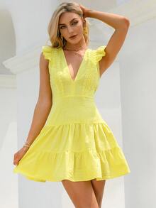 Double Crazy Plunge Neck Lace Trim Tie Back Ruffle Hem Dress - Yellow - View 6