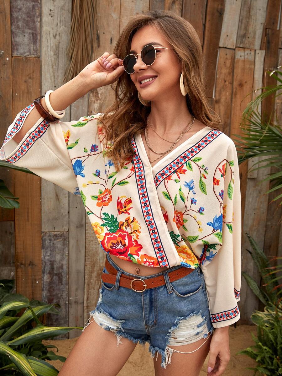 Breezaya Floral Print Batwing Sleeve Wrap Blouse - Multicolor - View 1