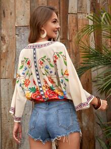 Breezaya Floral Print Batwing Sleeve Wrap Blouse - Multicolor - View 2
