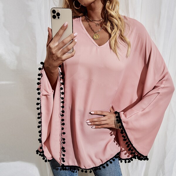 

Pom Pom Hem Batwing Sleeve Blouse, Baby pink