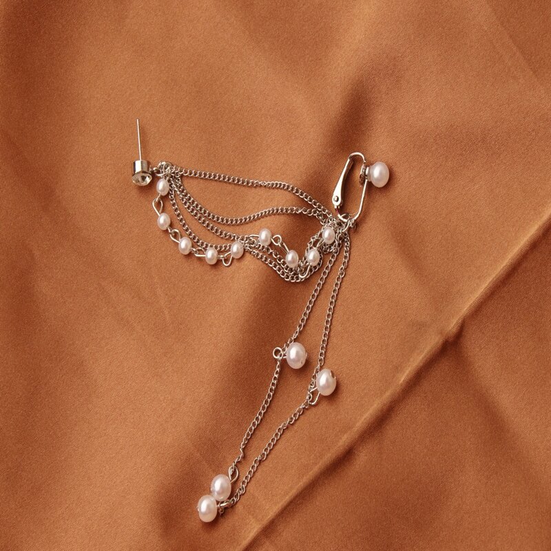 

1pc Faux Pearl Chain Ear Cuff, Silver