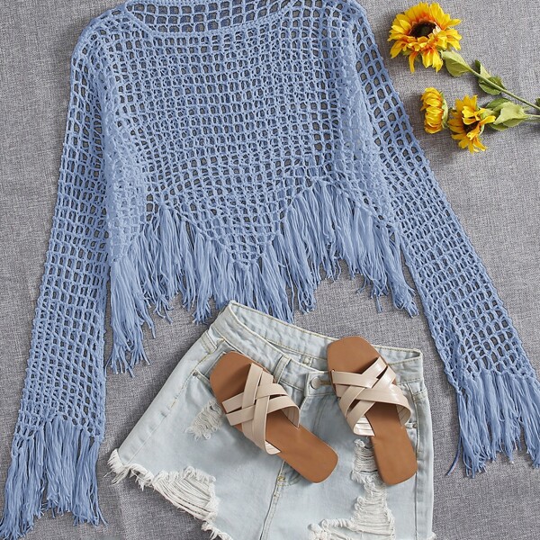 

Fringe Hem Crochet Cover Up, Dusty blue