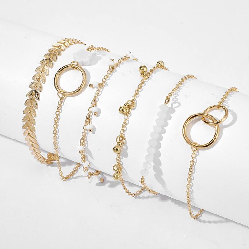 

6pcs Flower & Leaf Decor Bracelet, Gold