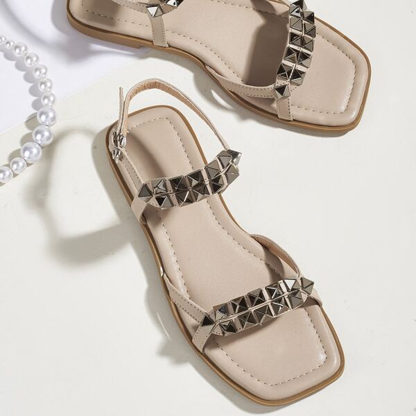 

Spiked Decor Flat Sandals, Apricot