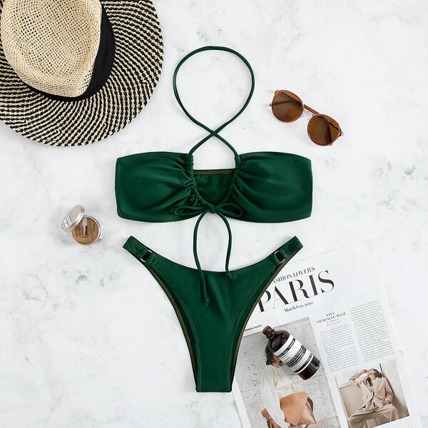 

Tie Front Cross Halter Bikini Swimsuit, Green