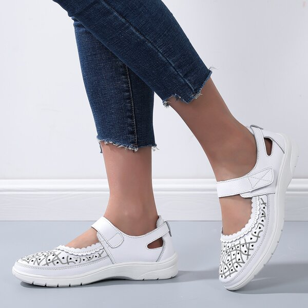 

Scallop Trim Hollow Out Velcro Strap Leather Flats, White