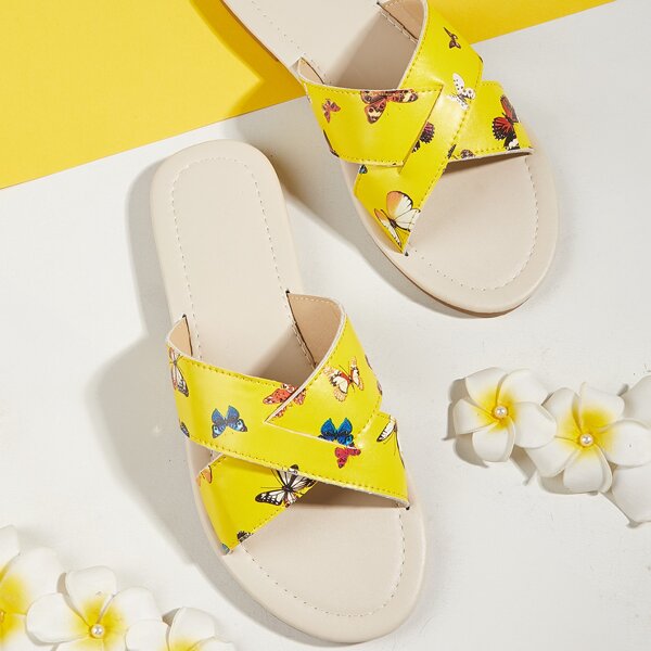 

Butterfly Print Criss Criss Slide Sandals, Yellow